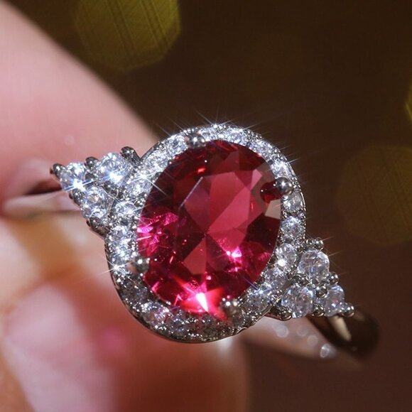 🔥 Refine Oval Shiny Red Zircon Ruby Rings for Women, PD320 - Picture 3 of 10